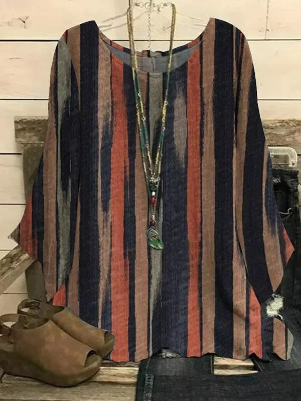 Orange Casual Graphic Tops Round Neck Long Sleeve Stripe Printed Blouse