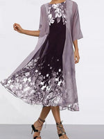 Floral Print Crew Neck Half Sleeve Loose Two Piece Dress