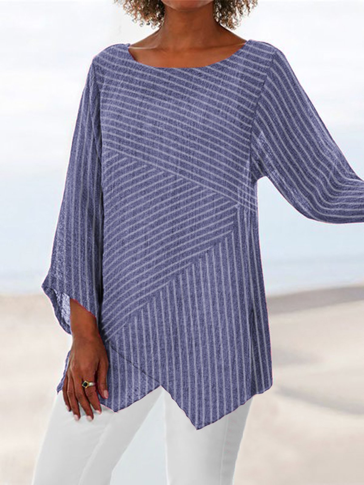 Crew Neck Long Sleeve Paneled Vacation Blouse