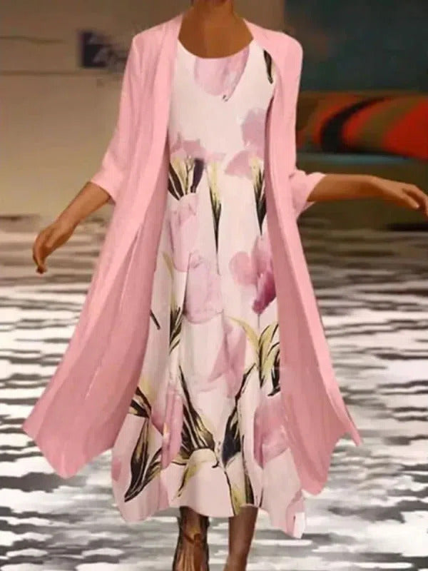 Robe deux pièces rose décontractée à col rond et imprimé floral