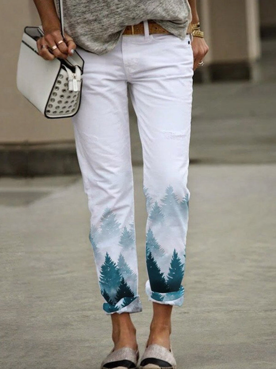Landscape Print White Zipper Pants