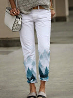 Landscape Print White Zipper Pants