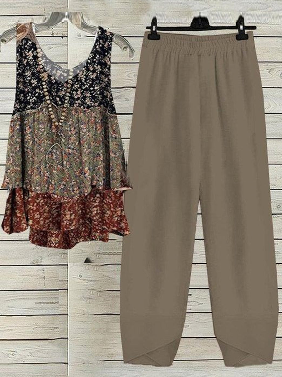 Lässiges, ärmelloses Zweiteiler-Set mit Rundhalsausschnitt, dezentem Blumenmuster und lockerem Schnitt.