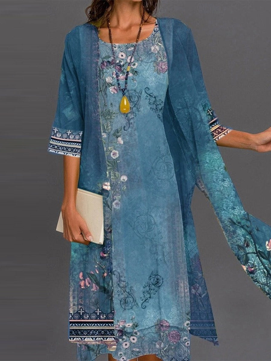 Floral Print Round Neck 3/4 Sleeve Two Piece Dress