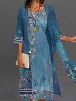 Floral Print Round Neck 3/4 Sleeve Two Piece Dress