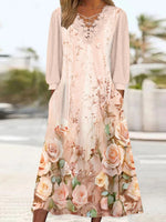 Robe midi à manches longues et col en V pour femme, imprimée de fleurs et ornée de dentelle.