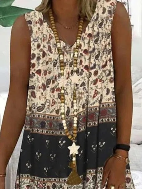 Women’s Boho Sleeveless Patchwork Print A-Line Midi Dress with Pockets