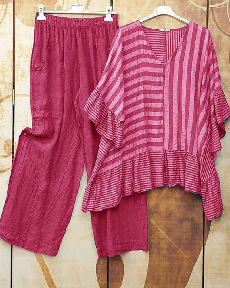 Ensemble deux pièces rouge décontracté à col en V et imprimé rayé à manches courtes