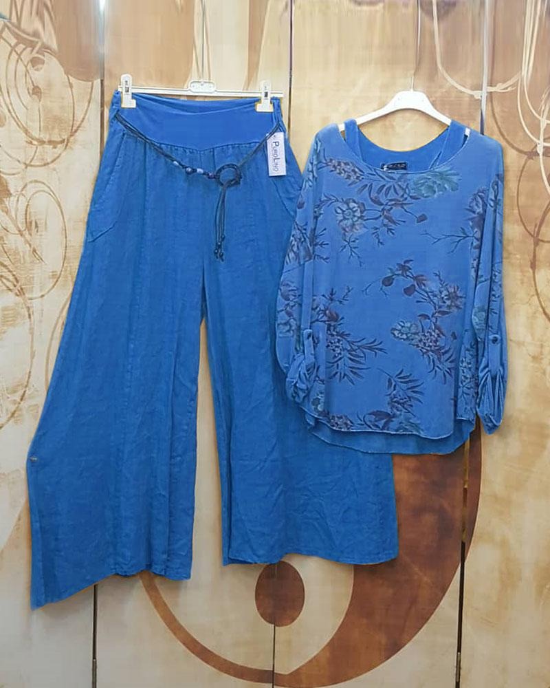 Ensemble deux pièces bleu décontracté à col rond et imprimé floral, manches longues