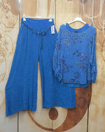 Ensemble deux pièces bleu décontracté à col rond et imprimé floral, manches longues