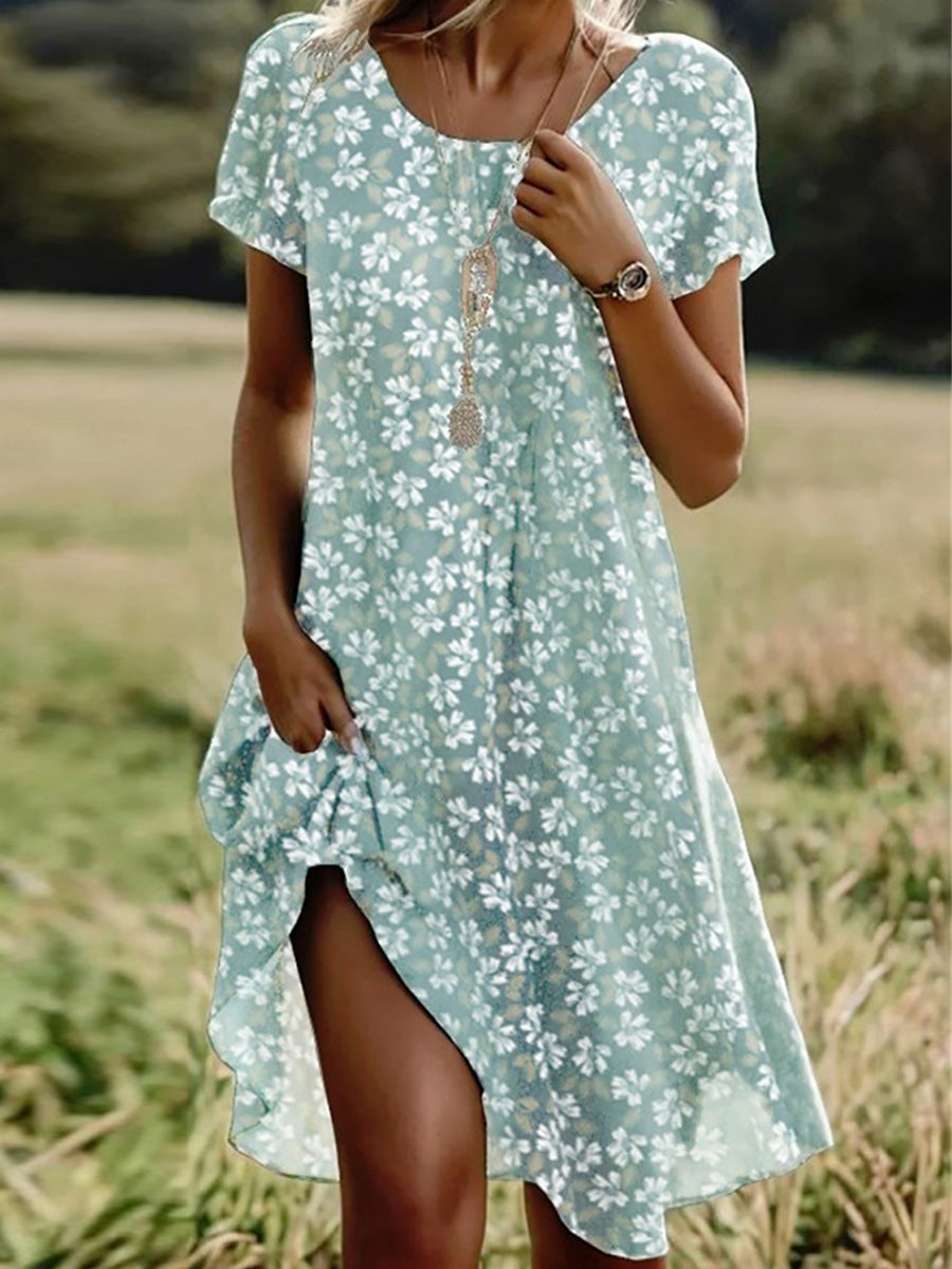 Lässiges Kurzarmkleid mit Rundhalsausschnitt und Blumenmuster