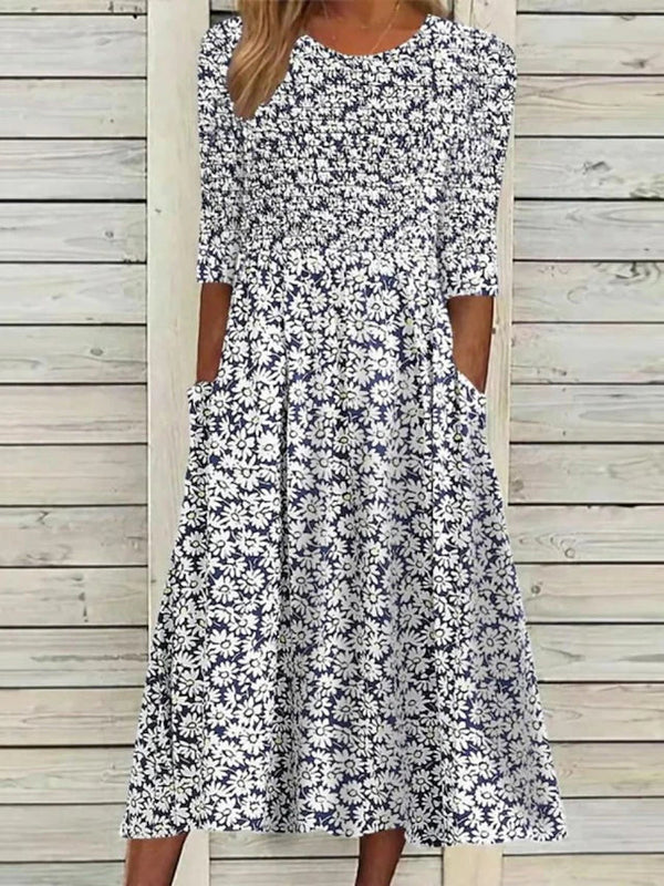 Women’s Half Sleeve Smocked Floral Midi Dress with Pockets