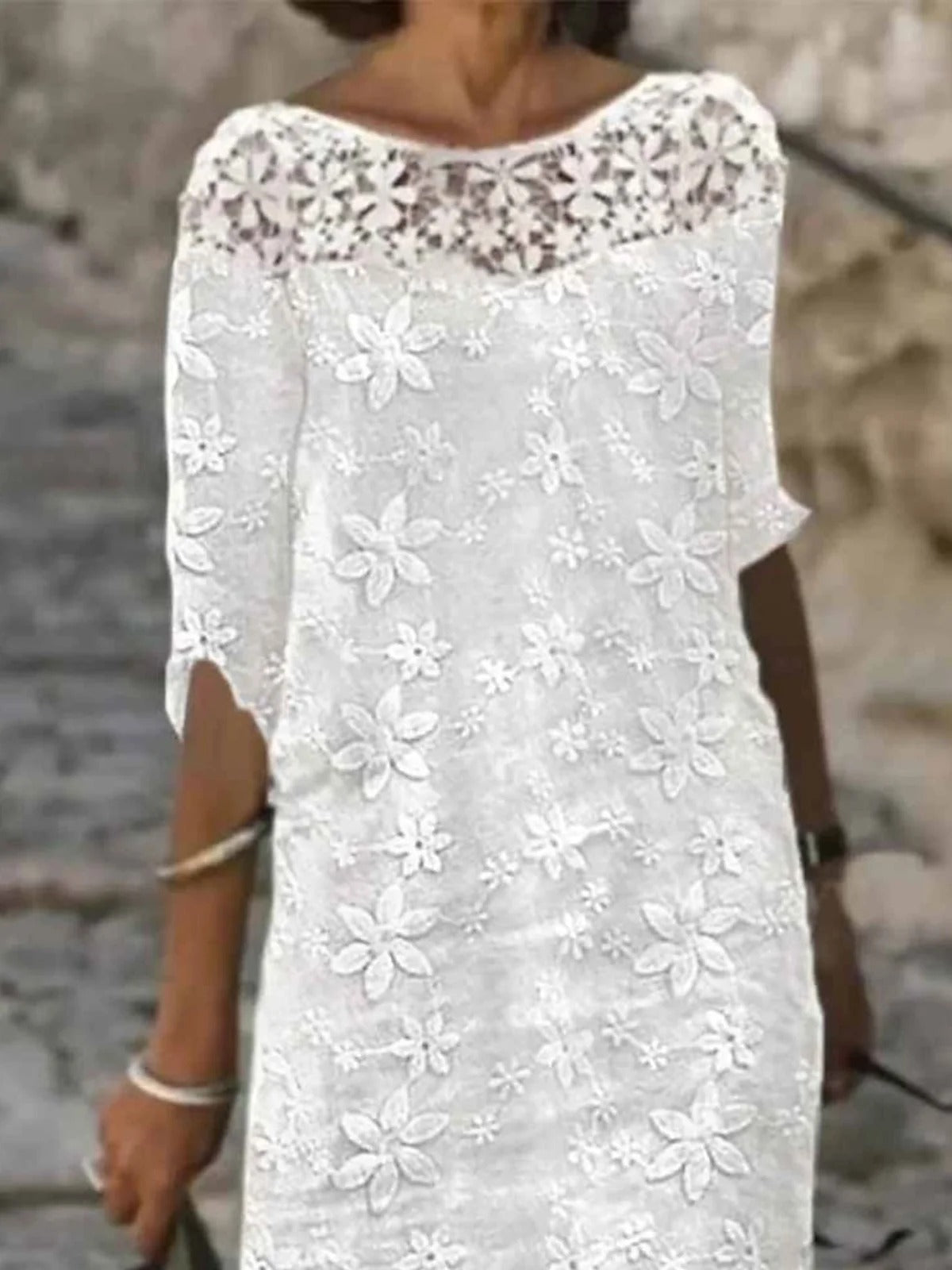 Lässiges Etuikleid mit Blumenmuster und Spitze für Damen, 3/4-Ärmel