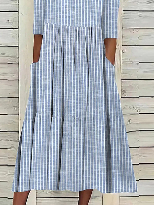 Women’s Striped Half Sleeve Loose Fit Midi Dress with Pockets