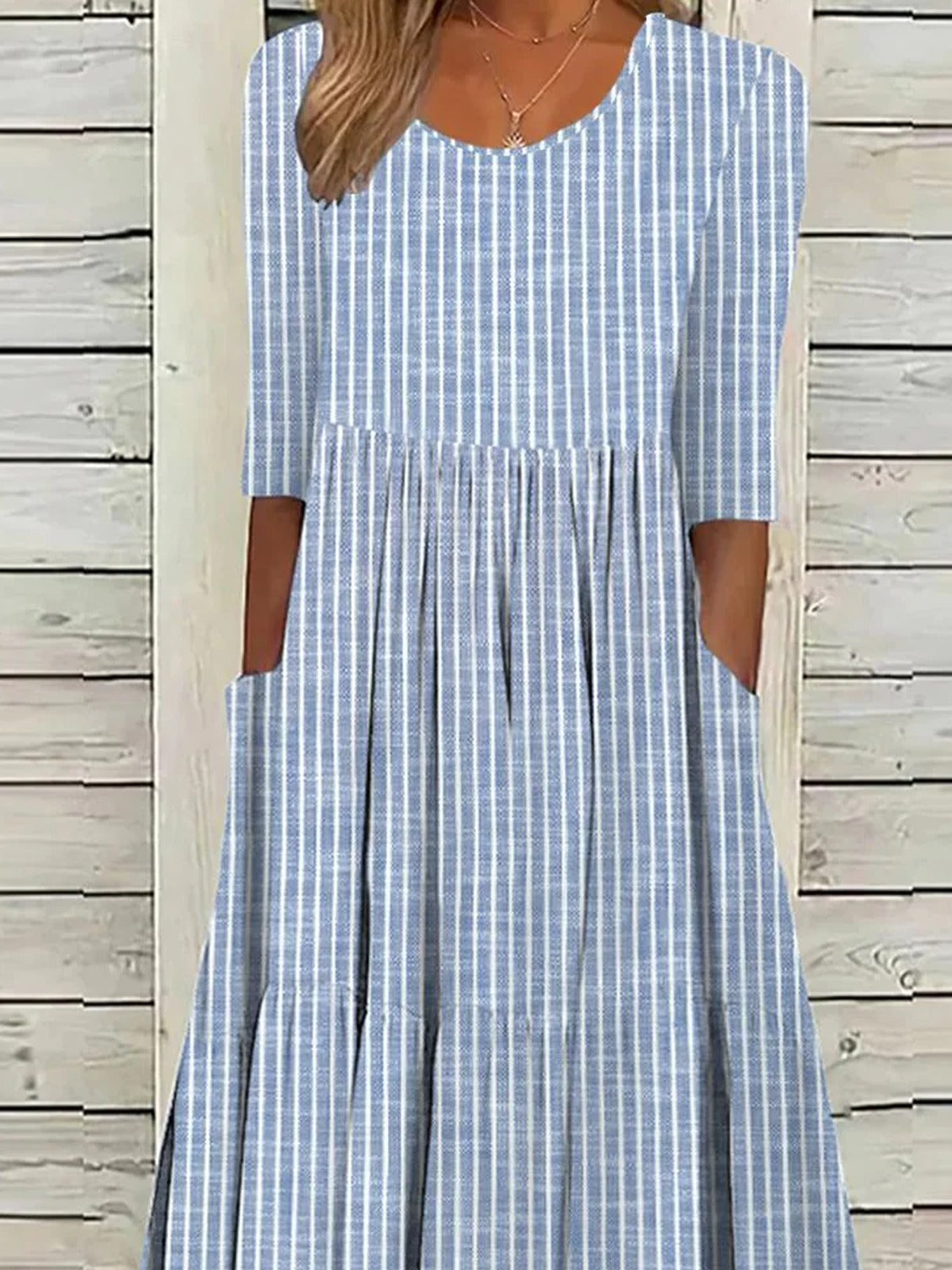 Women’s Striped Half Sleeve Loose Fit Midi Dress with Pockets