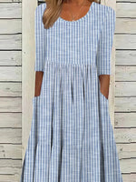 Women’s Striped Half Sleeve Loose Fit Midi Dress with Pockets