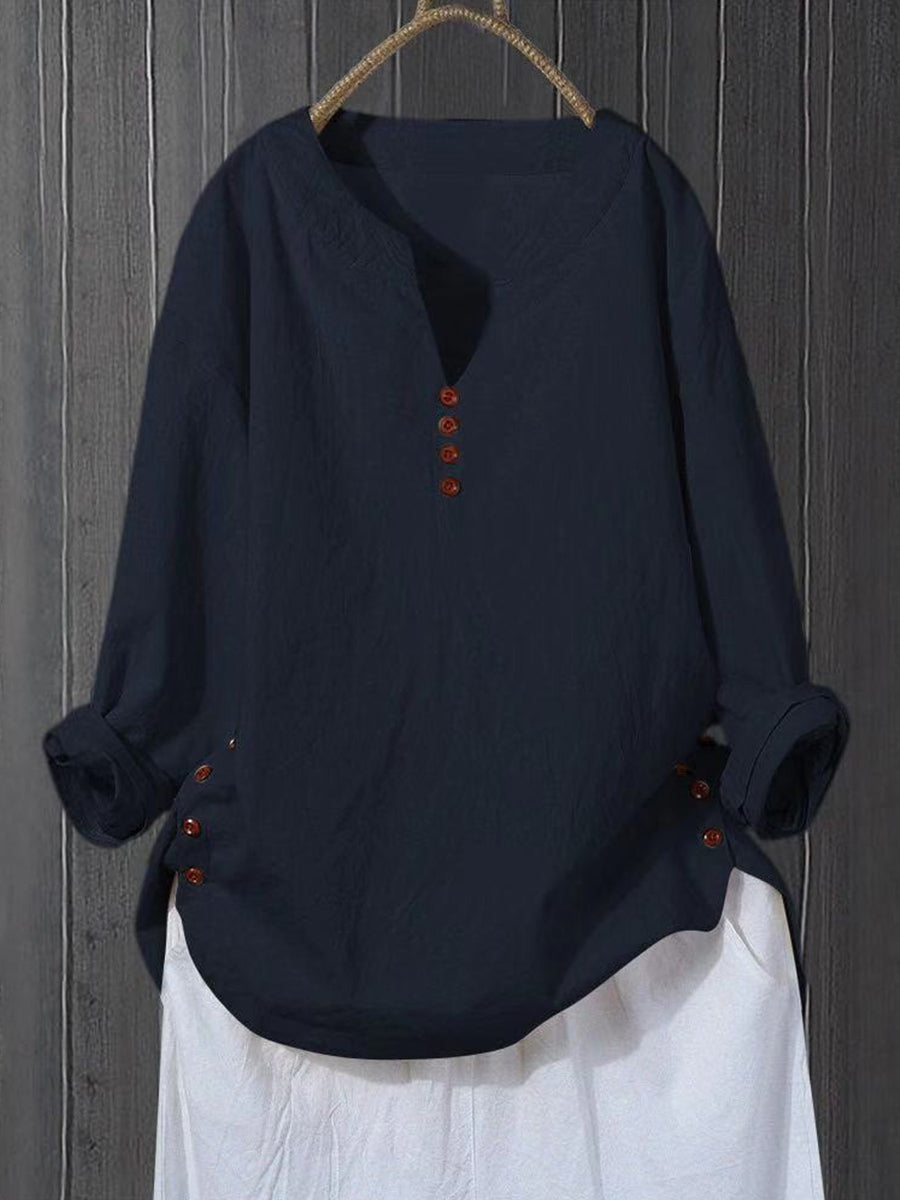 Literary And Artistic Pullover V-Neck Loose Fitting Shirt