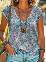 Fresh Paisley Print V-Neck Short Sleeve Top
