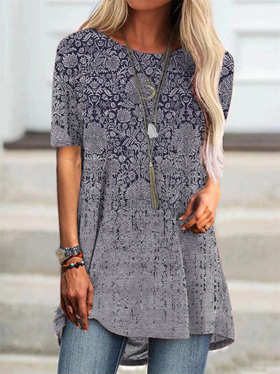 T-shirt tribal décontracté à col rond et manches courtes