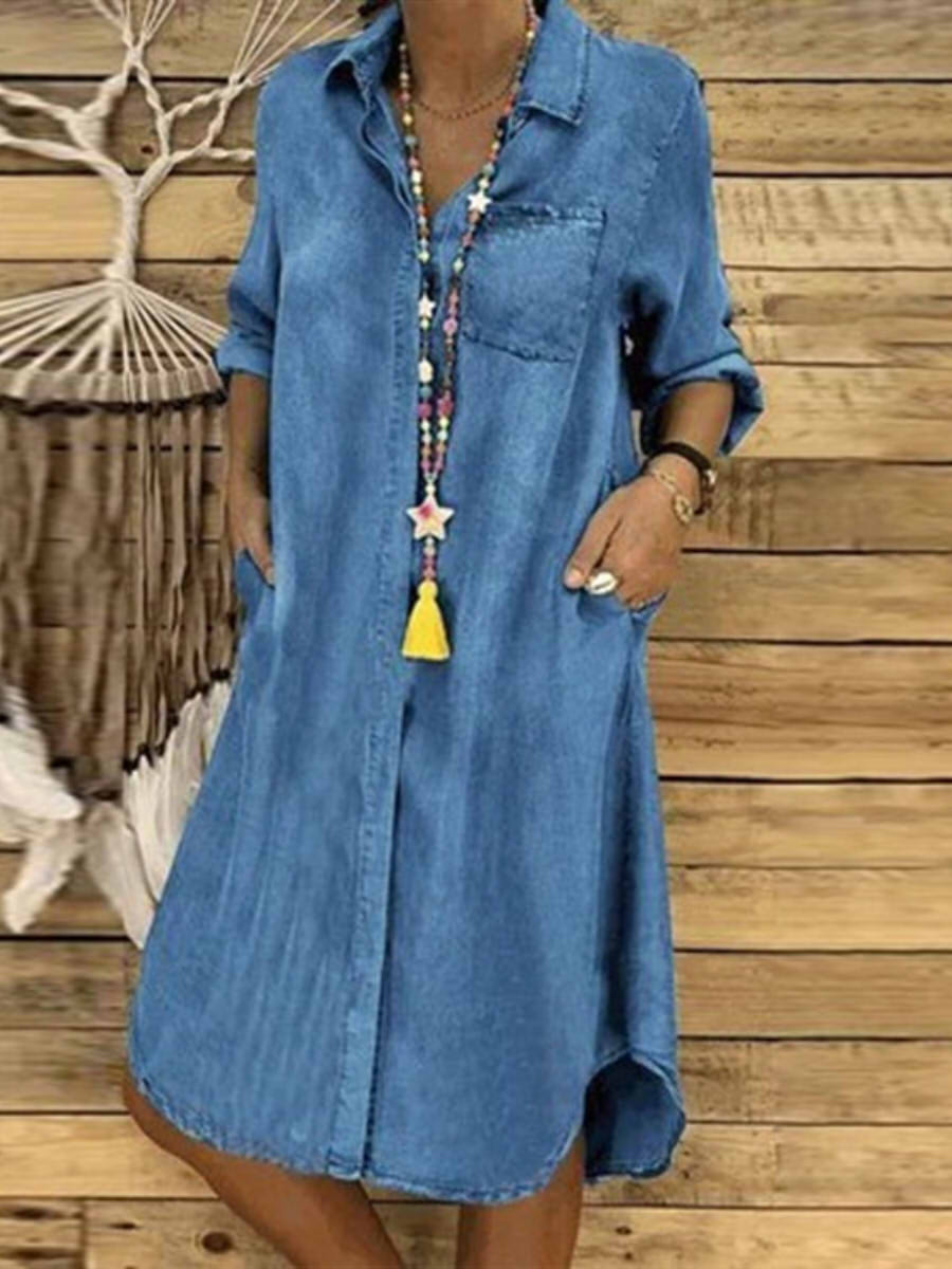 Oversized Chambray Denim Button Front Blouse Midi Dress
