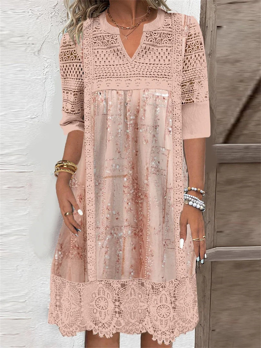 Robe midi en dentelle graphique à manches courtes et col en V pour femme