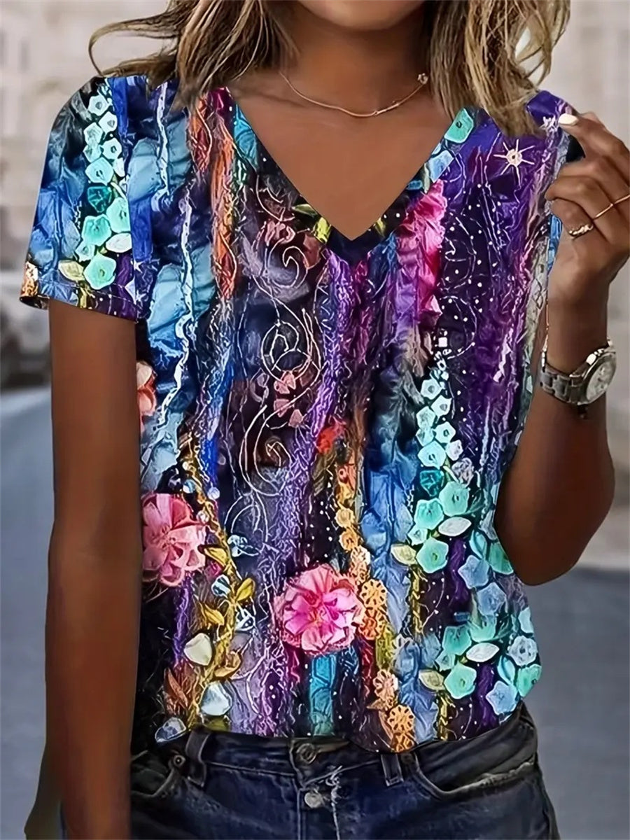 T-shirt à manches courtes et col en V pour femme, imprimé floral