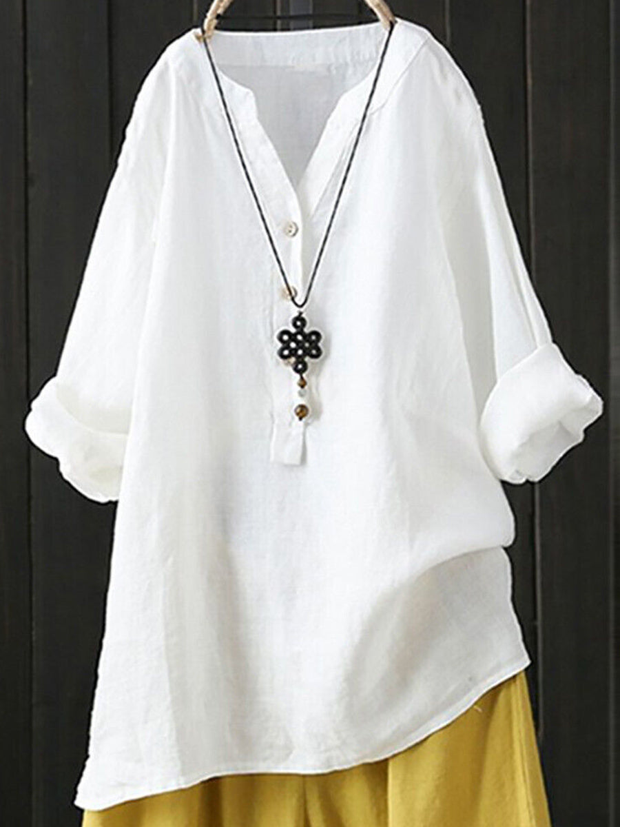 Haut à col montant, couleur unie, boutonné, manches longues