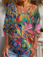 Bunte, abstrakte Bluse mit V-Ausschnitt und langen Ärmeln