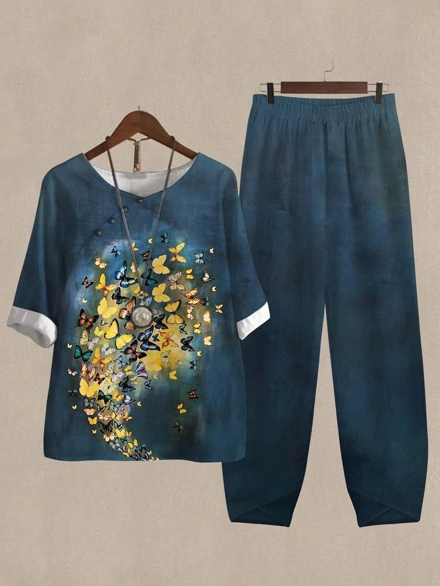 Navy Casual Round Neck Butterfly Printed Daily Two Piece Suit