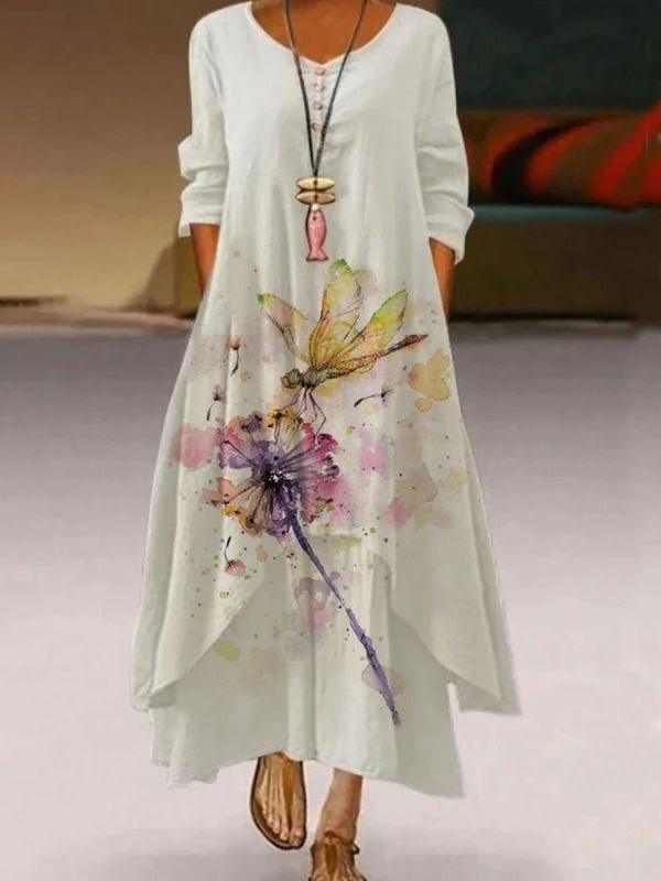 Lässiges, lockeres Maxikleid mit Rundhalsausschnitt, langen Ärmeln und Löwenzahnmuster