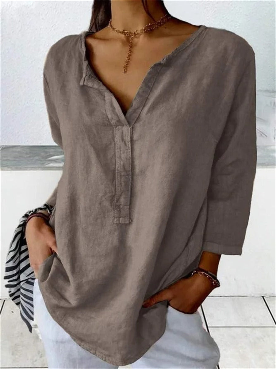 Loose Plain V Neck 3/4 SleeveBlouse