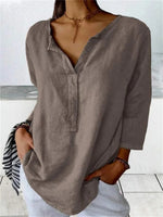 Loose Plain V Neck 3/4 SleeveBlouse