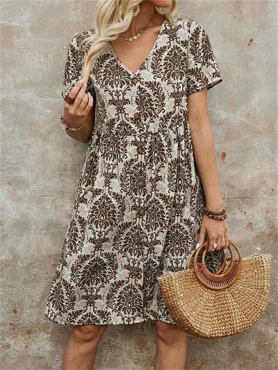 A-Linien-Minikleid mit hoher Taille, Knöpfen, Falten, Print, V-Ausschnitt und Schlitz