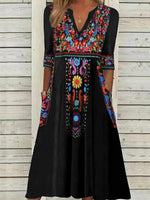 Robe midi bohème noire à fleurs et col en V
