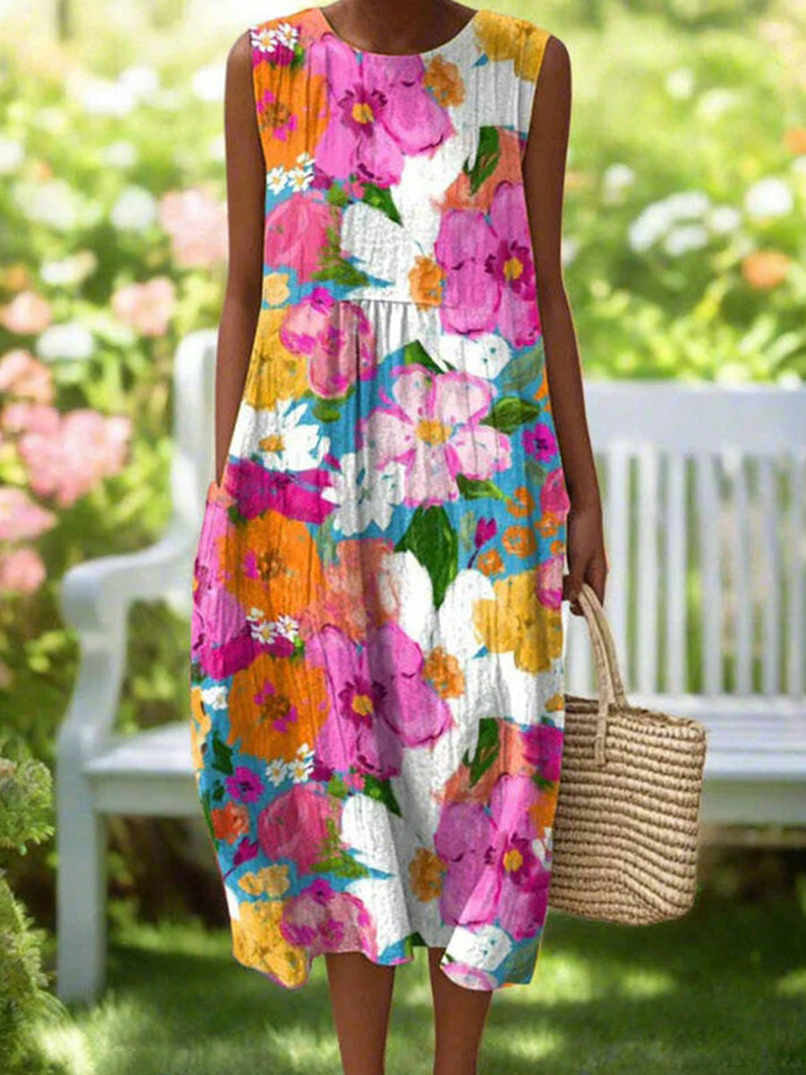 Robe sans manches à imprimé floral coloré et col rond