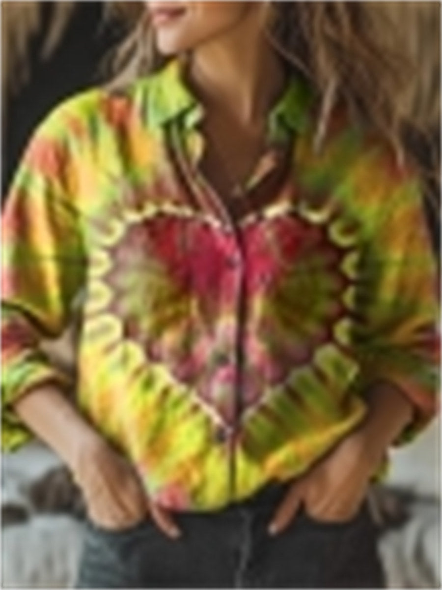 Heart Printed Lapel Long Sleeve Comfy Shirt