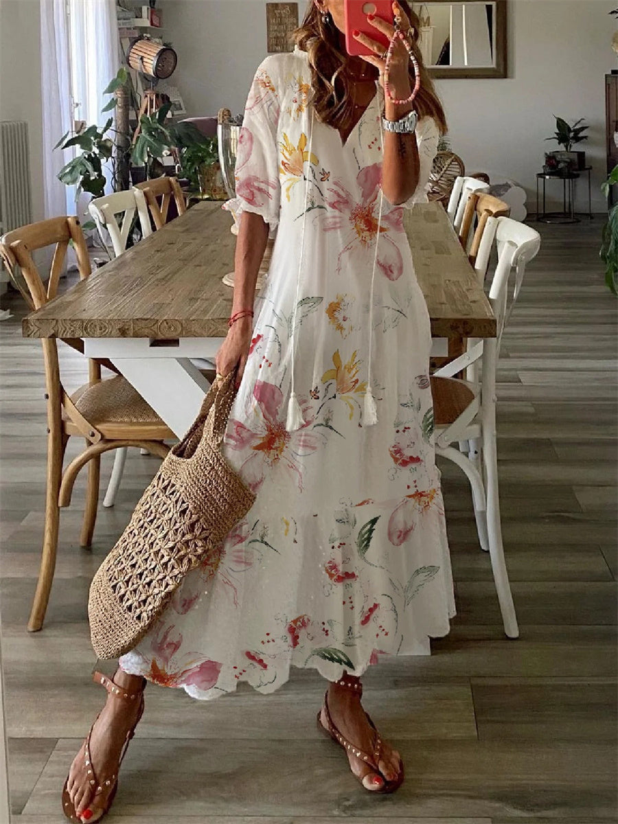 Flowy Floral V-Neck Short Sleeve Maxi Dress