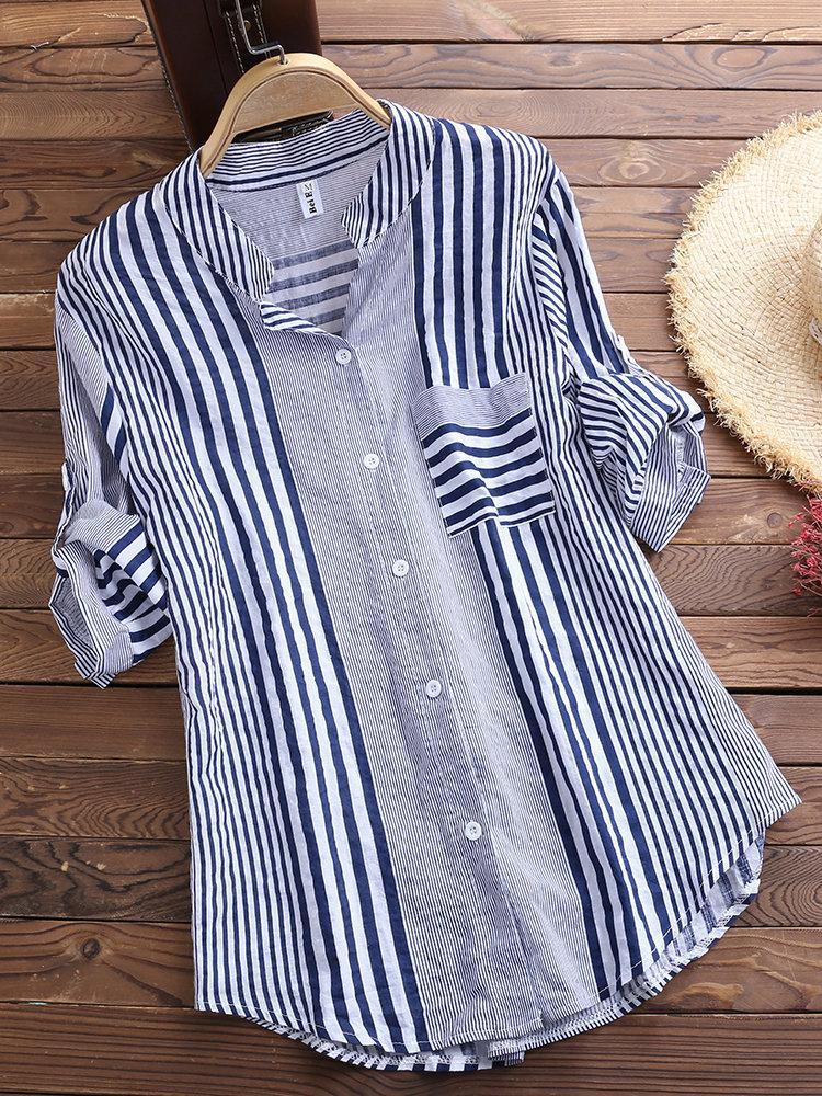 Women’s Casual Striped 3/4 Sleeve Button-Down Blouse