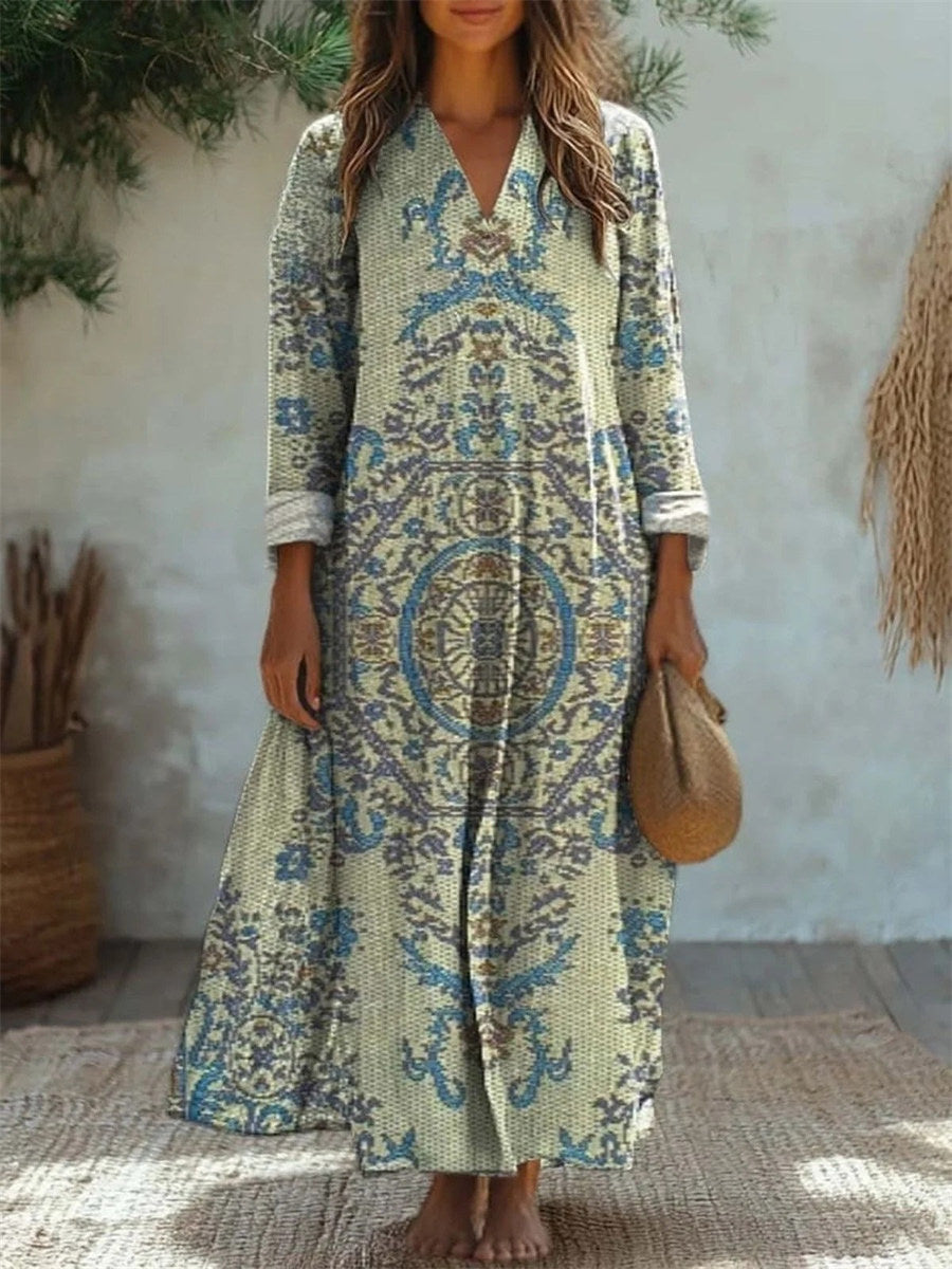 Ethnic Print V-neck Long Sleeve Dress