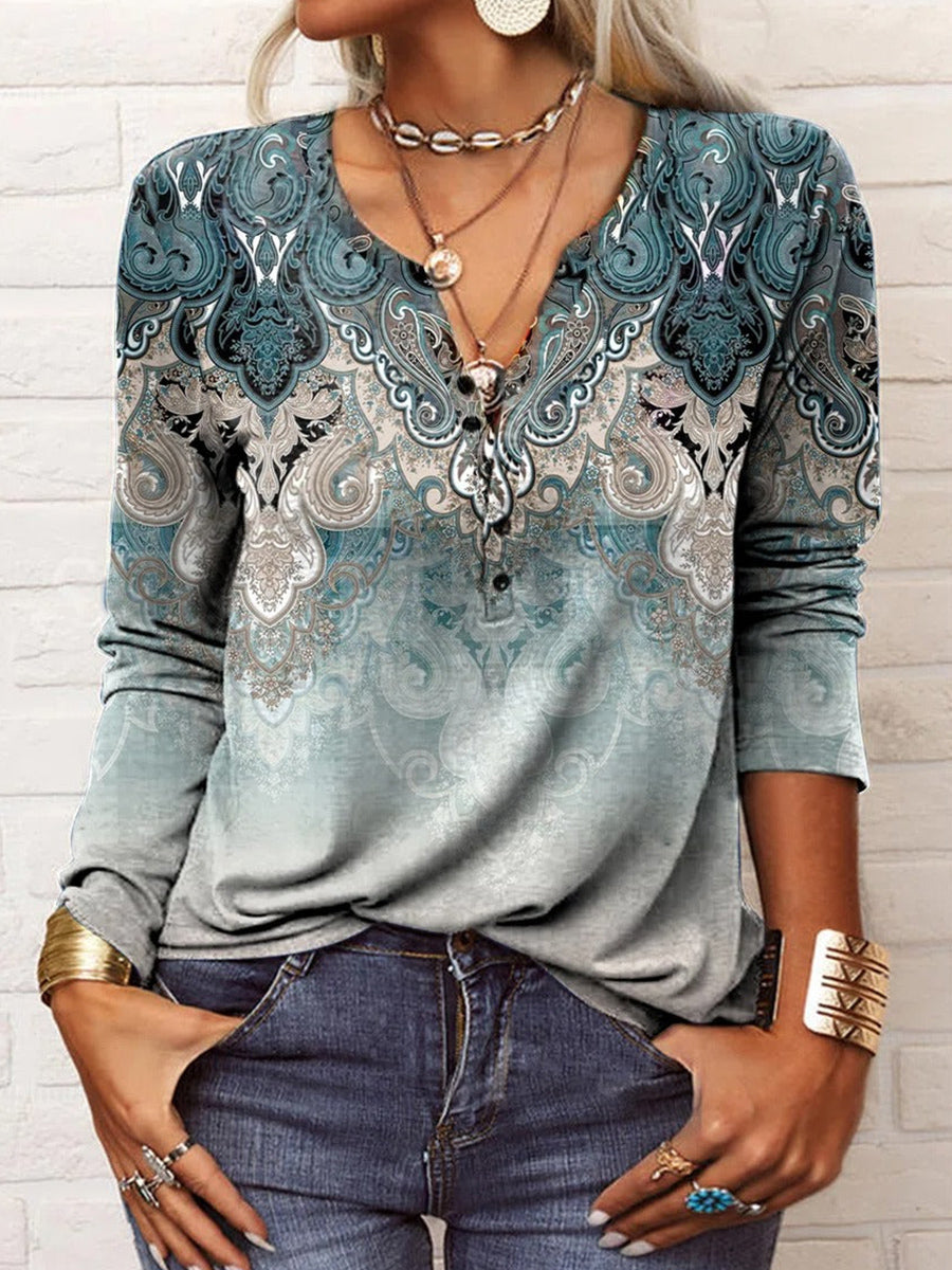 Haut ethnique bohème à manches longues et col rond pour femme