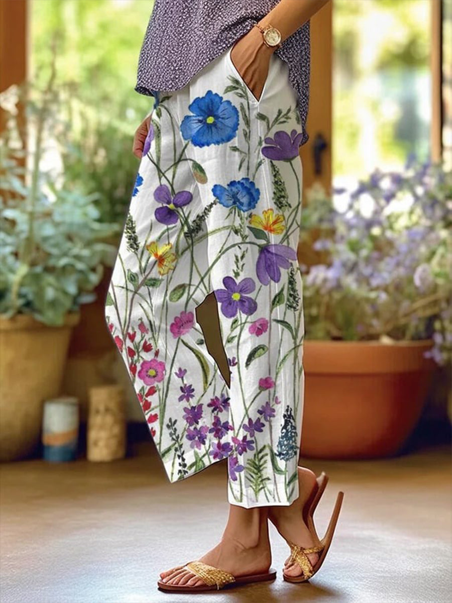 Pantalon décontracté à poches amples et imprimé floral