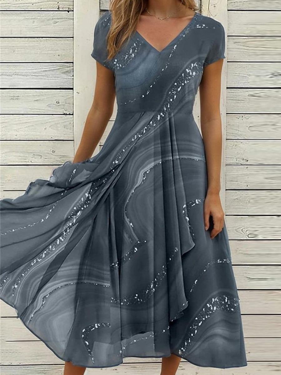 Lässiges Chiffon-Midikleid mit V-Ausschnitt und kurzen Ärmeln