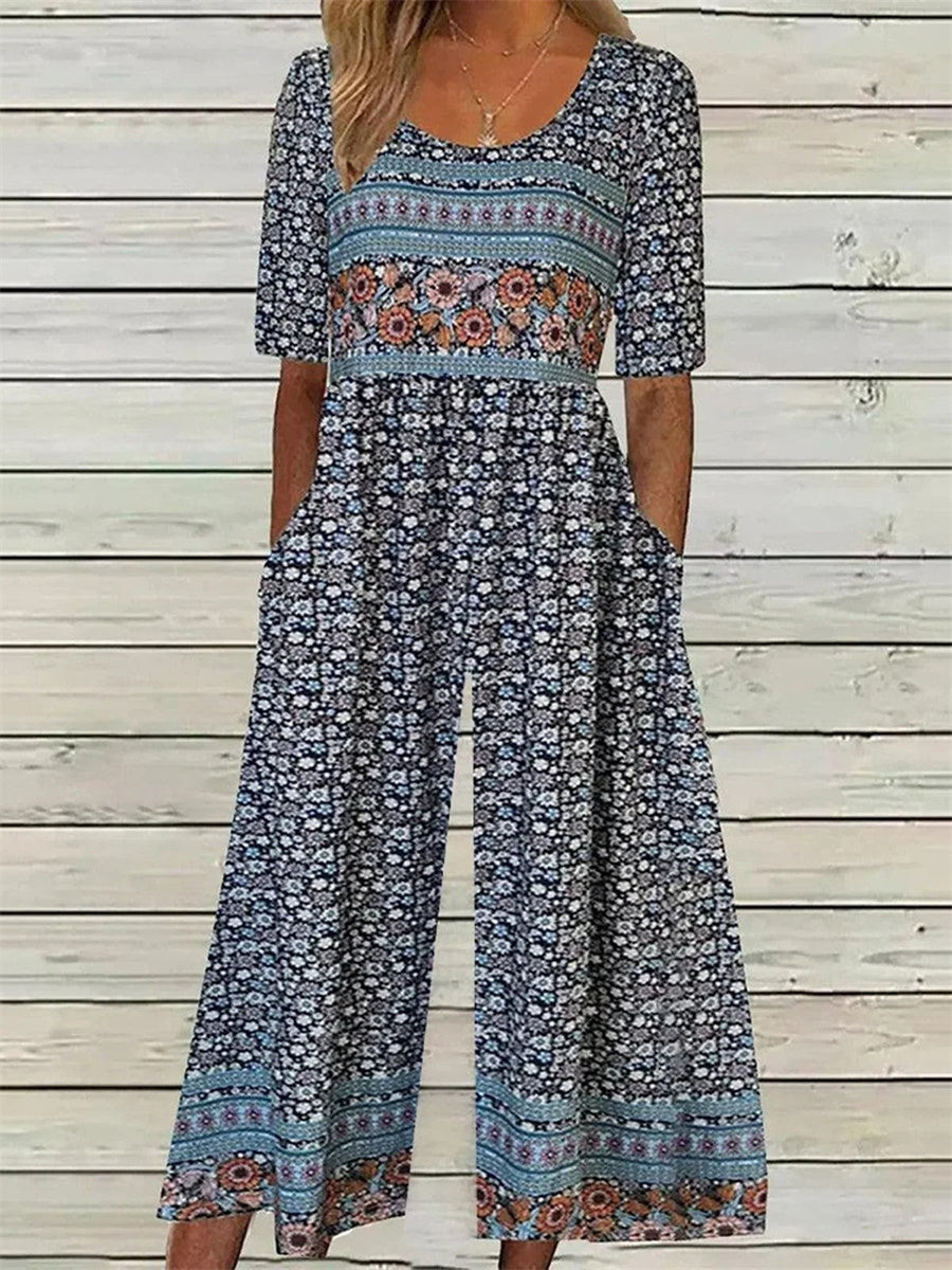 Jumpsuit mit Blumenmuster, Rundhalsausschnitt und kurzen Ärmeln