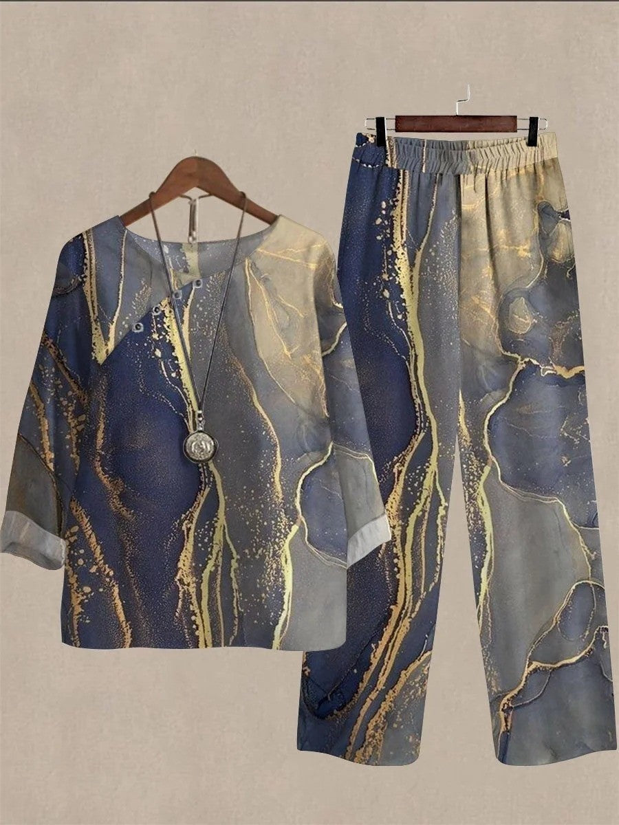 Ensemble deux pièces bleu décontracté à col rond et manches longues imprimé jet d'encre