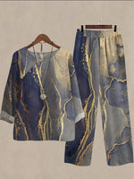 Ensemble deux pièces bleu décontracté à col rond et manches longues imprimé jet d'encre