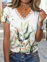 Floral Print V-neck Lace Short Sleeve T-shirt