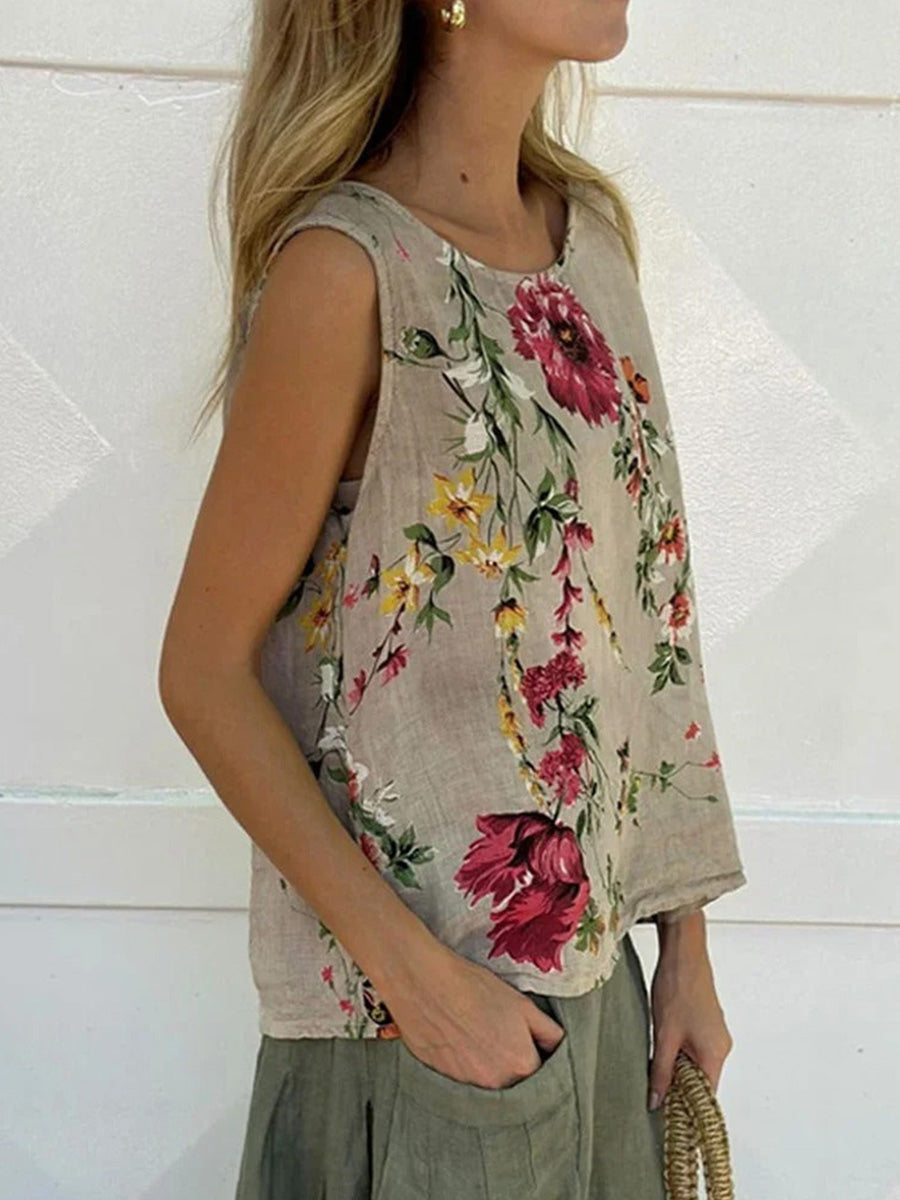 Floral Print Round Neck Sleeveless Comfy Tank Top
