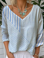 Blue V-neck 3/4 Sleeve Striped Top