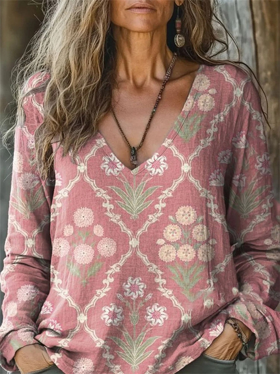 Floral Printed V-neck Long Sleeve Comfy T-shirt