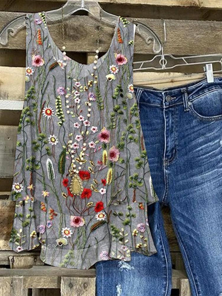 Grey Floral Print Strap Tank Top